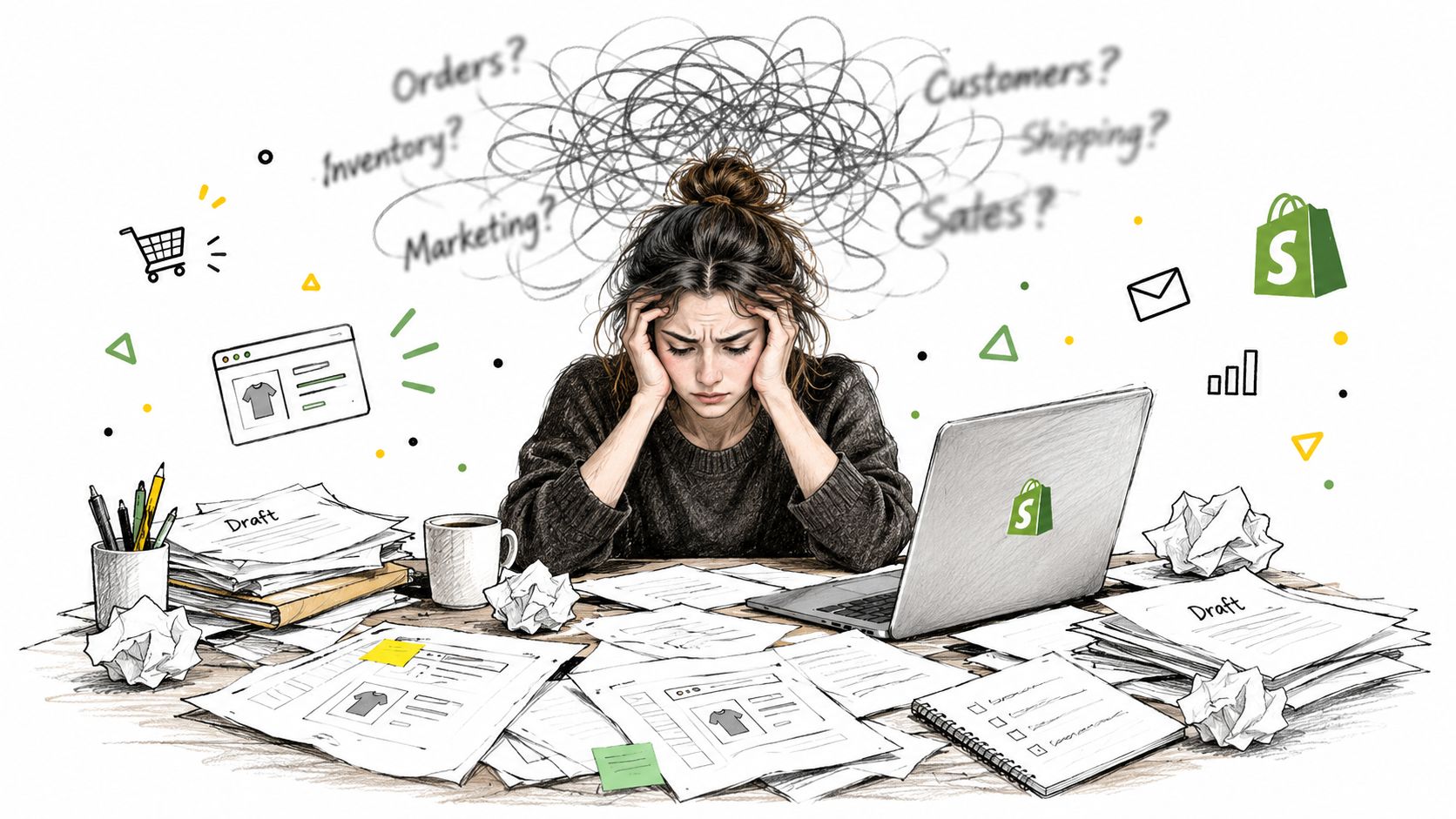A stressed entrepreneur sitting at a desk cluttered with papers and a laptop, visualizing business overload.