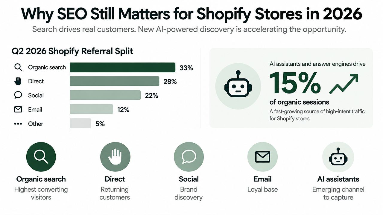 A chart showing Q2 2026 Shopify referral traffic sources, highlighting the importance of organic search and AI assistants.