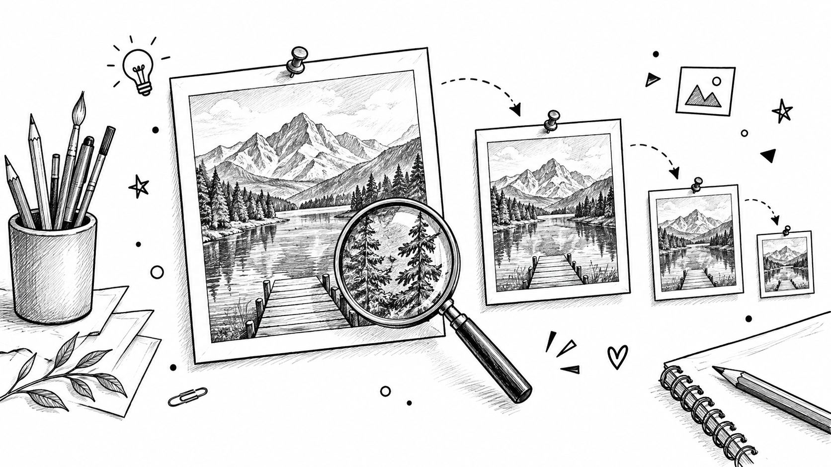 A hand-drawn sketch showing a series of smaller pictures pinned to a white background with a magnifying glass.