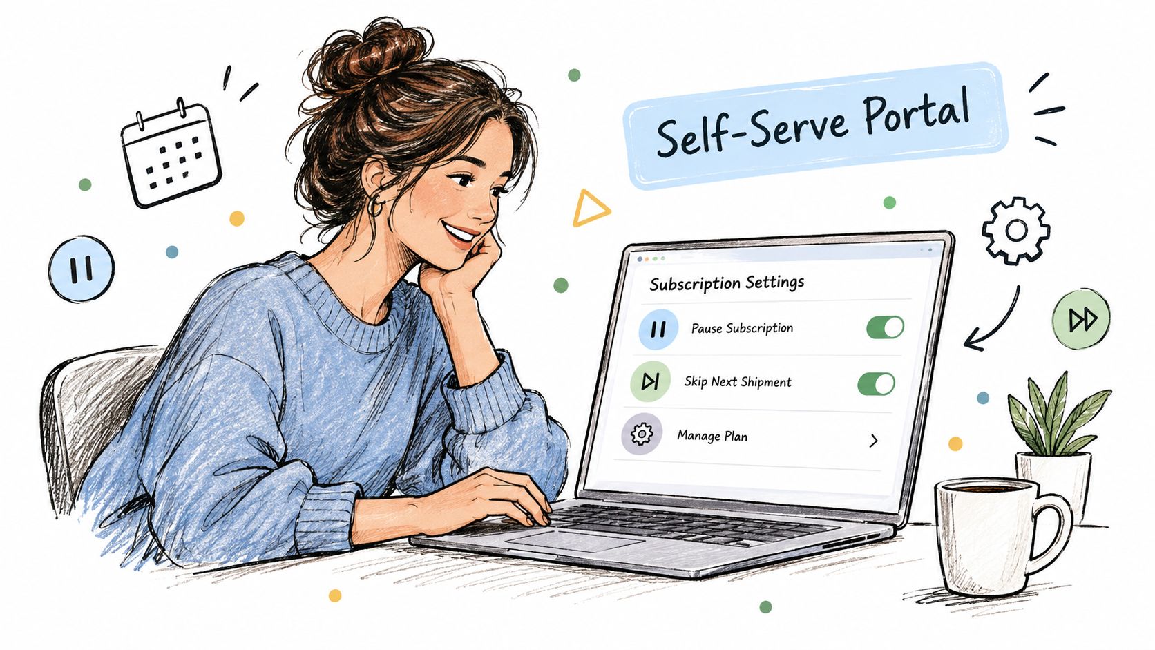 A woman using a laptop to manage her subscription settings on a self-serve portal with intuitive options.