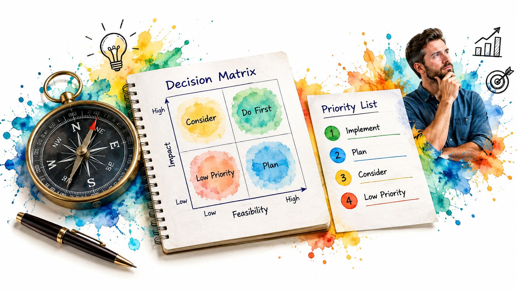 A decision matrix diagram with a priority list, a compass, and a thoughtful person planning strategy.