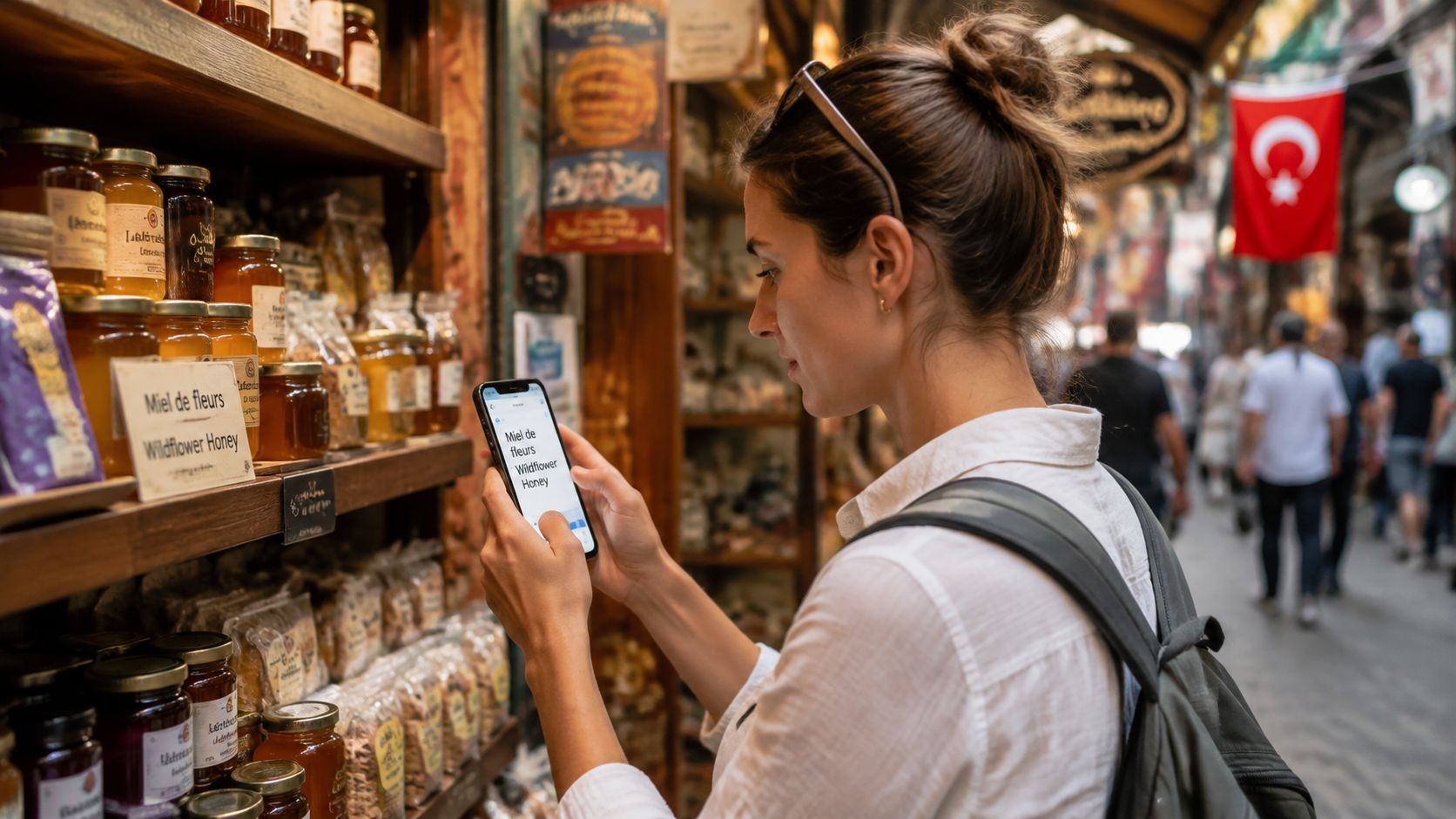 A woman uses a smartphone app to translate product labels while shopping in a Turkish market.