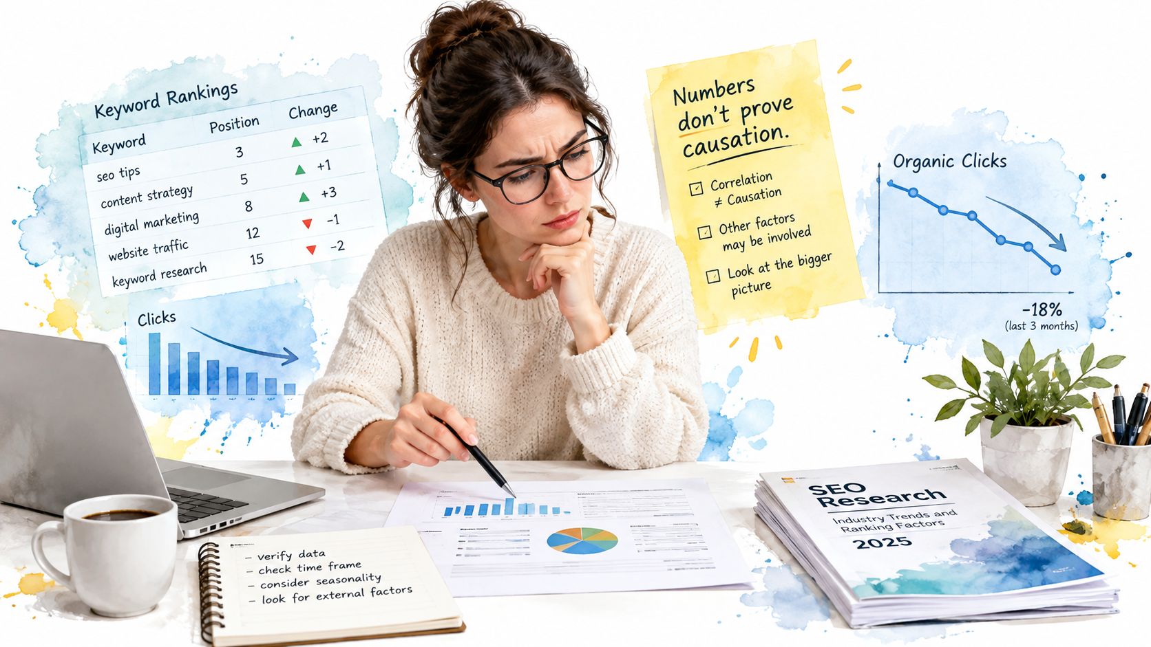 A professional analyzing SEO data with charts, graphs, and a checklist emphasizing the distinction between correlation and causation.