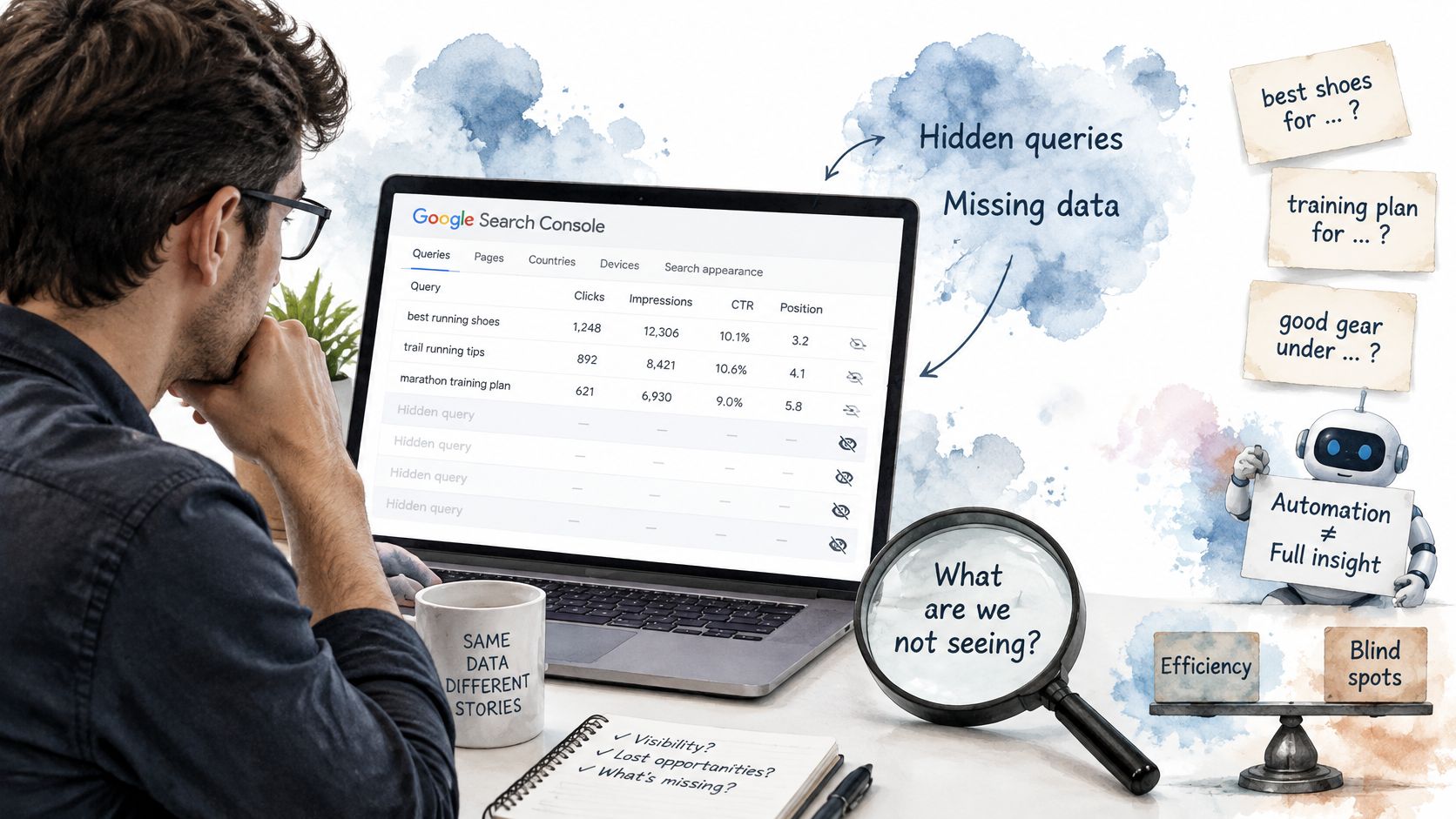 A professional analyzing hidden search queries and missing data in Google Search Console on a laptop screen.