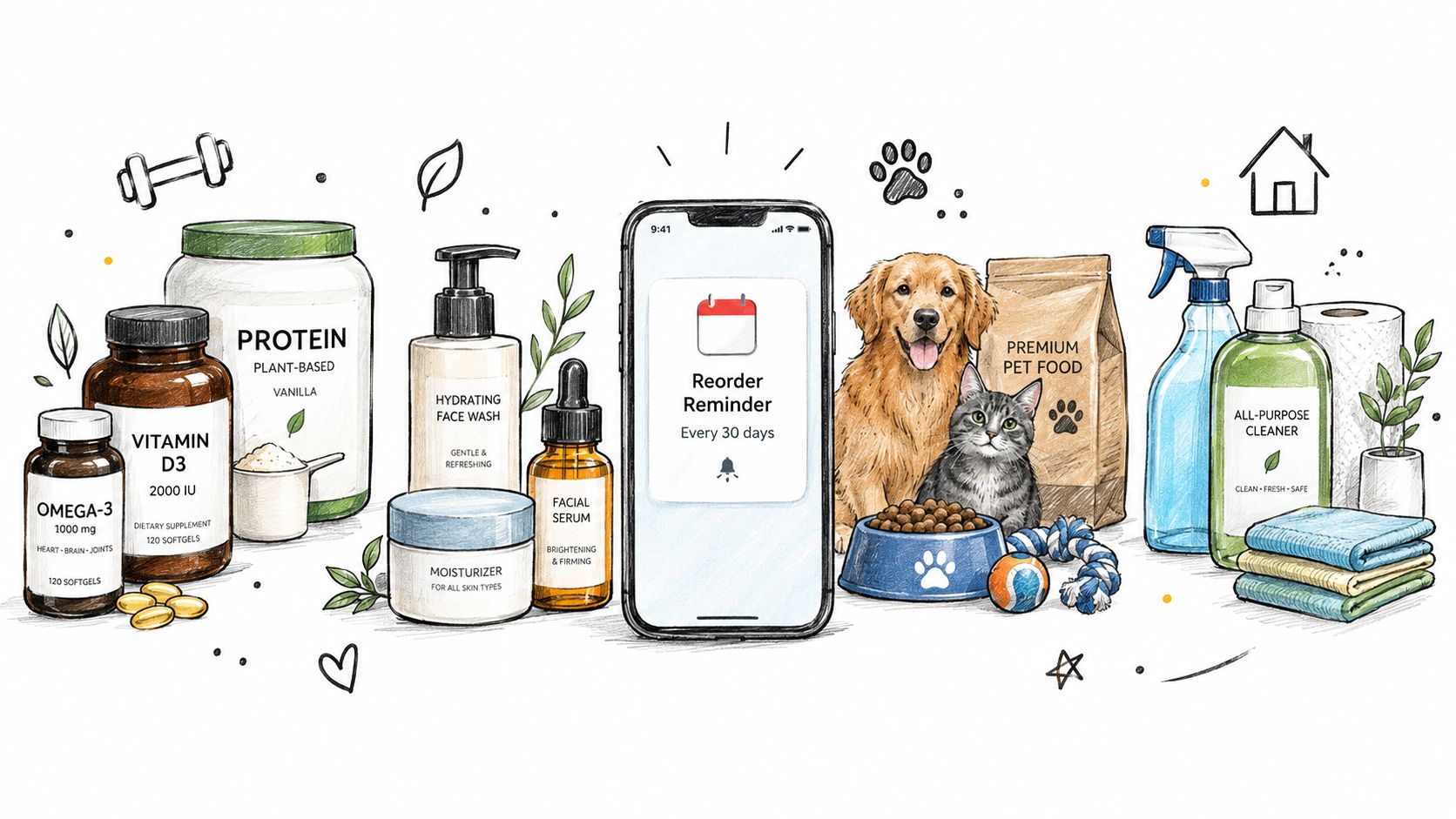 A hand-drawn illustration showing subscription items like vitamins, skincare, pet food, and cleaning supplies with a smartphone app.