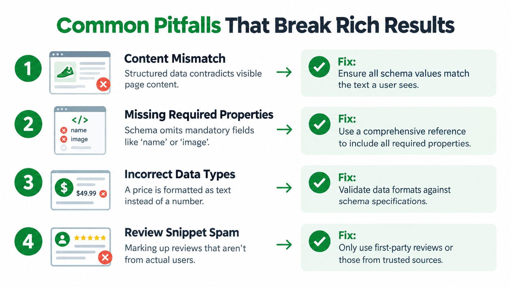 An infographic showing four common structured data pitfalls that break rich results with suggested fixes.