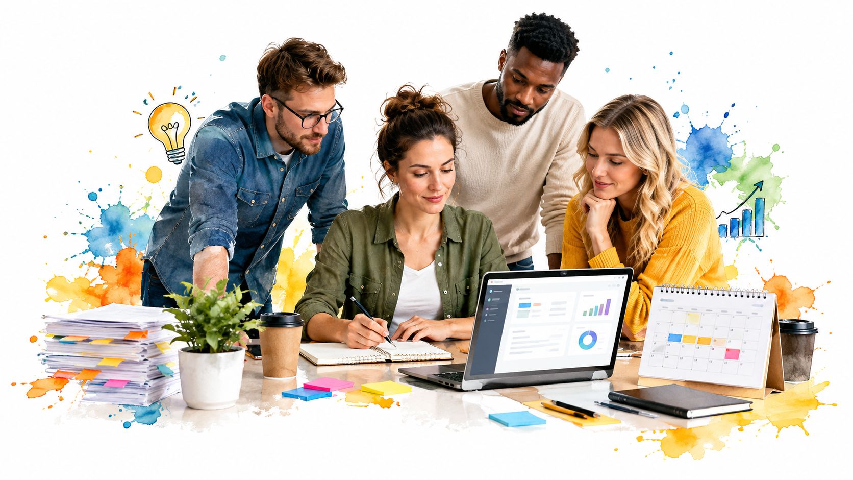 A diverse team of professionals collaborate on a project in a modern office with colorful paint splatters.