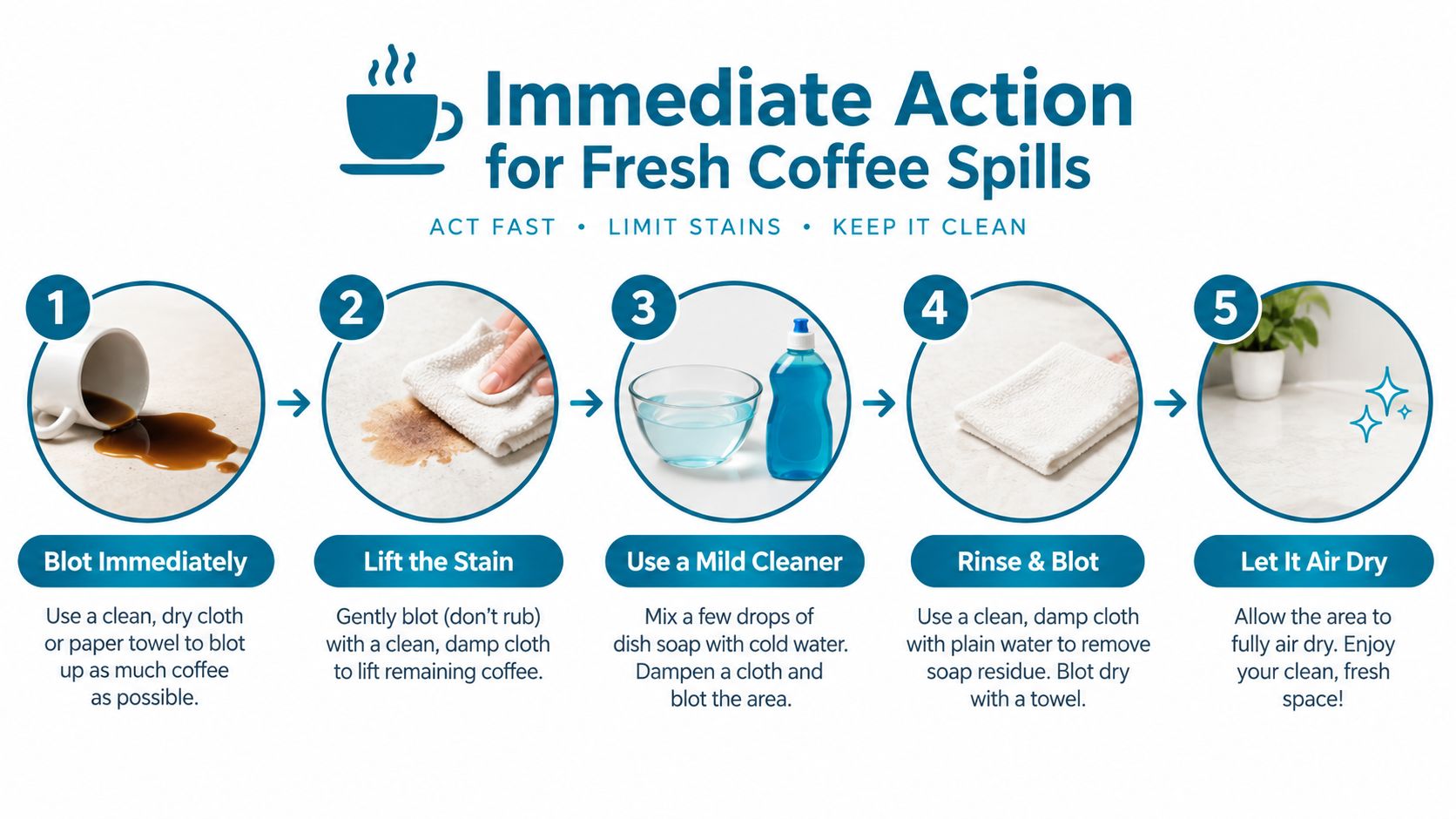 A step-by-step infographic illustrating five simple actions for cleaning up fresh coffee spills effectively.
