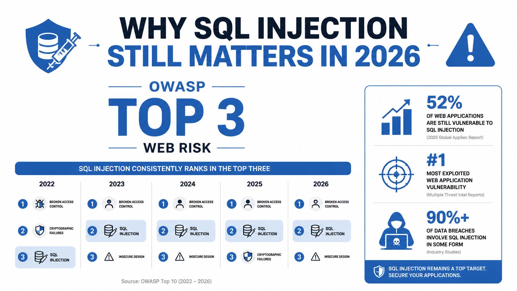 An infographic titled Why SQL Injection Still Matters In 2026, detailing its consistent ranking in OWASP top threats.