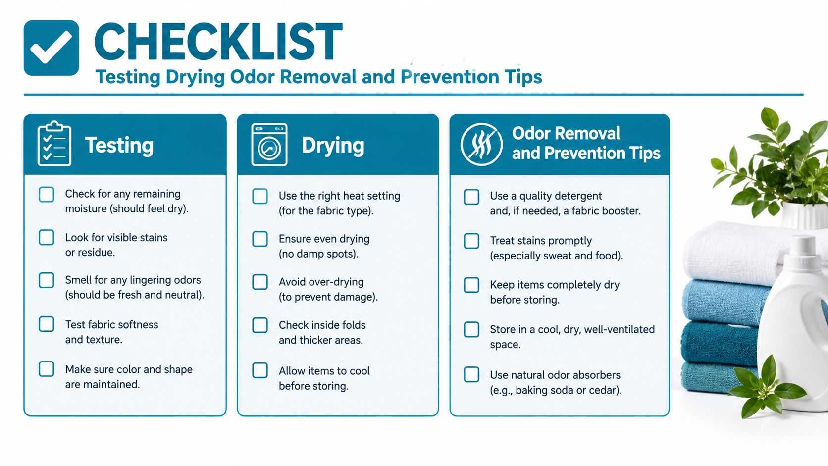 A comprehensive laundry checklist infographic with sections on testing, drying, and odor removal and prevention tips.