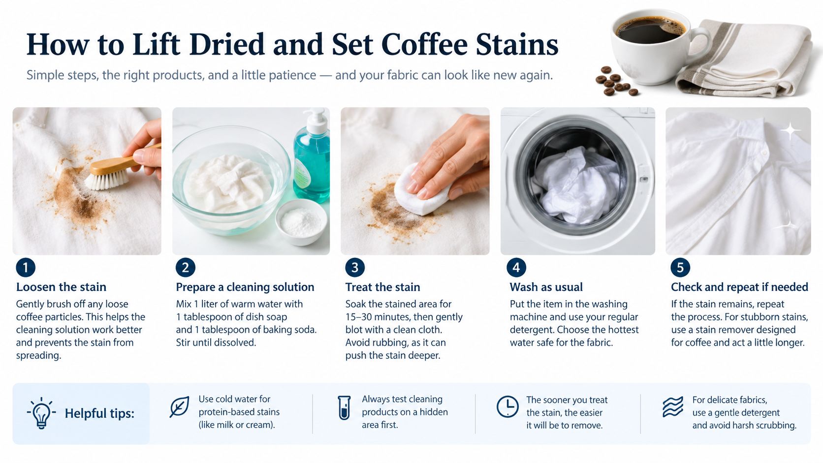 An infographic showing five easy steps to remove dried and set coffee stains from clothing fabrics.
