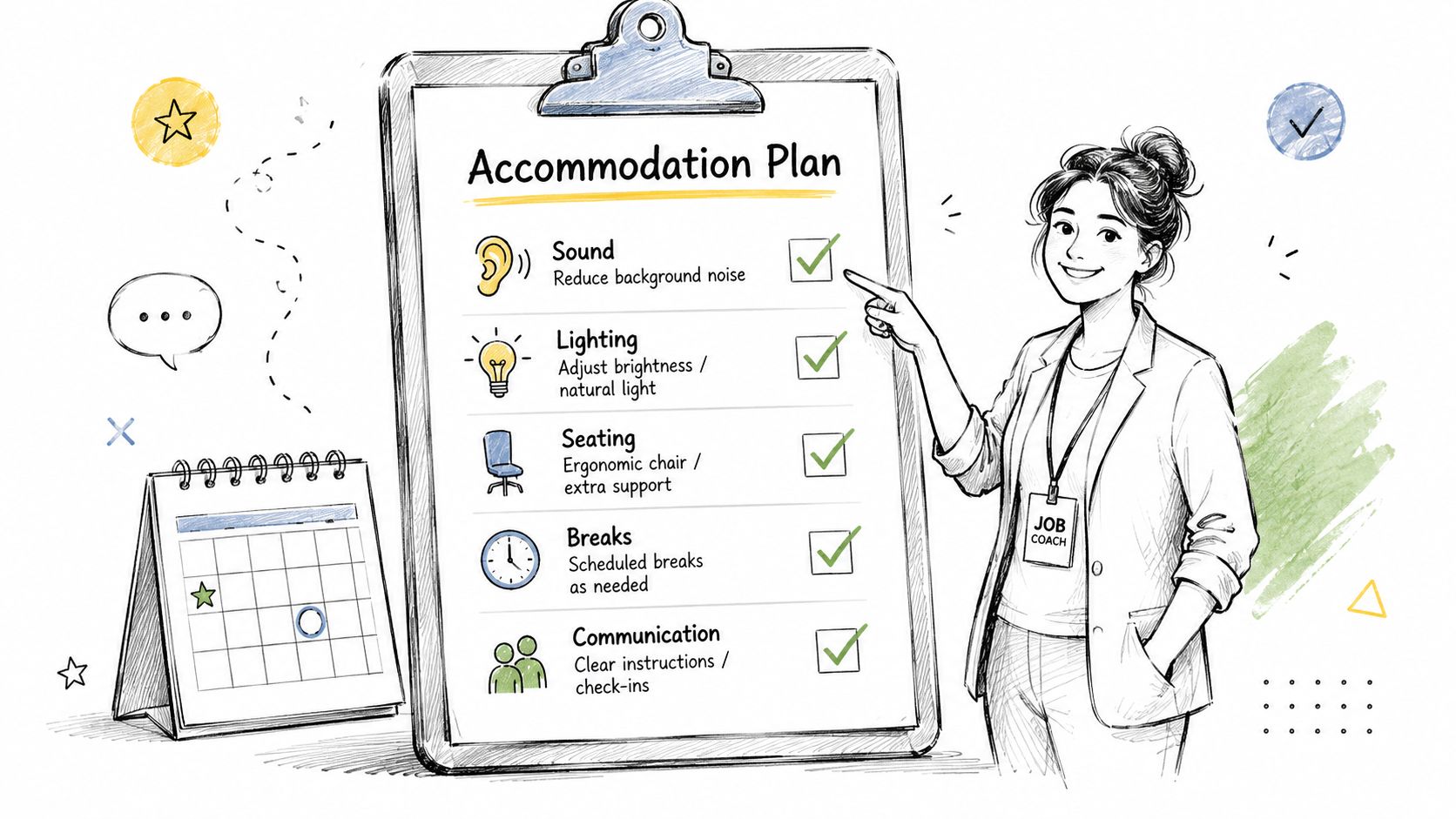 A job coach points to a checklist labeled Accommodation Plan outlining workplace adjustments for improved accessibility.