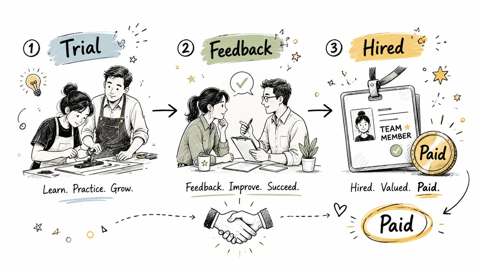 A three-step professional development illustration showing a trial, feedback process, and being hired as a paid employee.