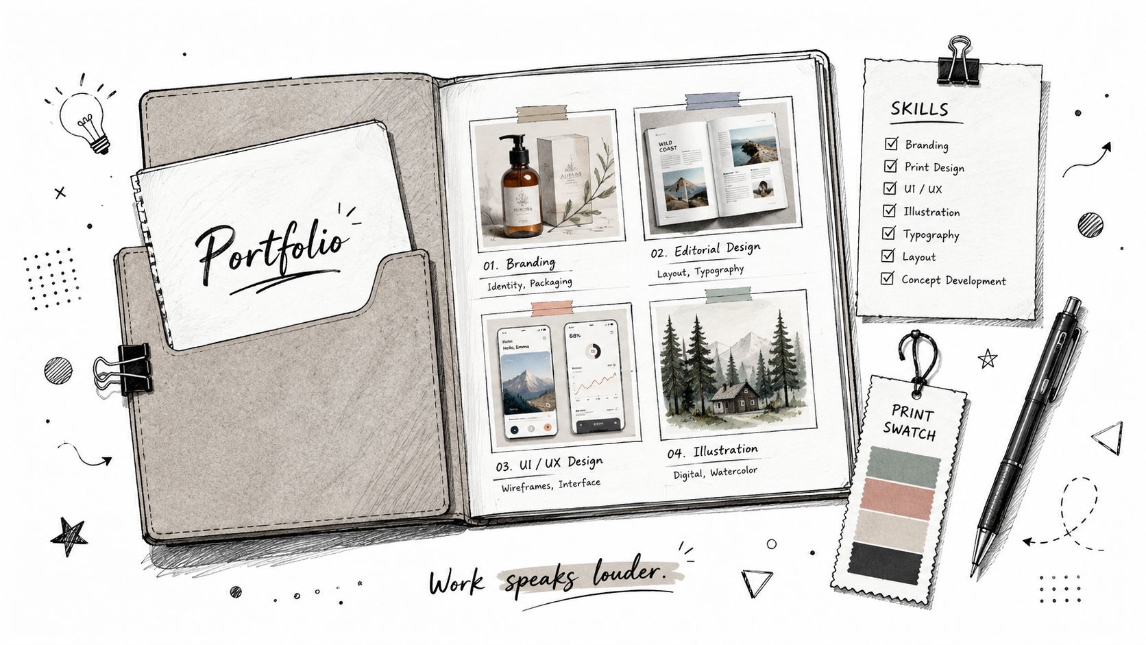 A hand-drawn style open portfolio sketchbook displayed on a desk with various design projects and skills.