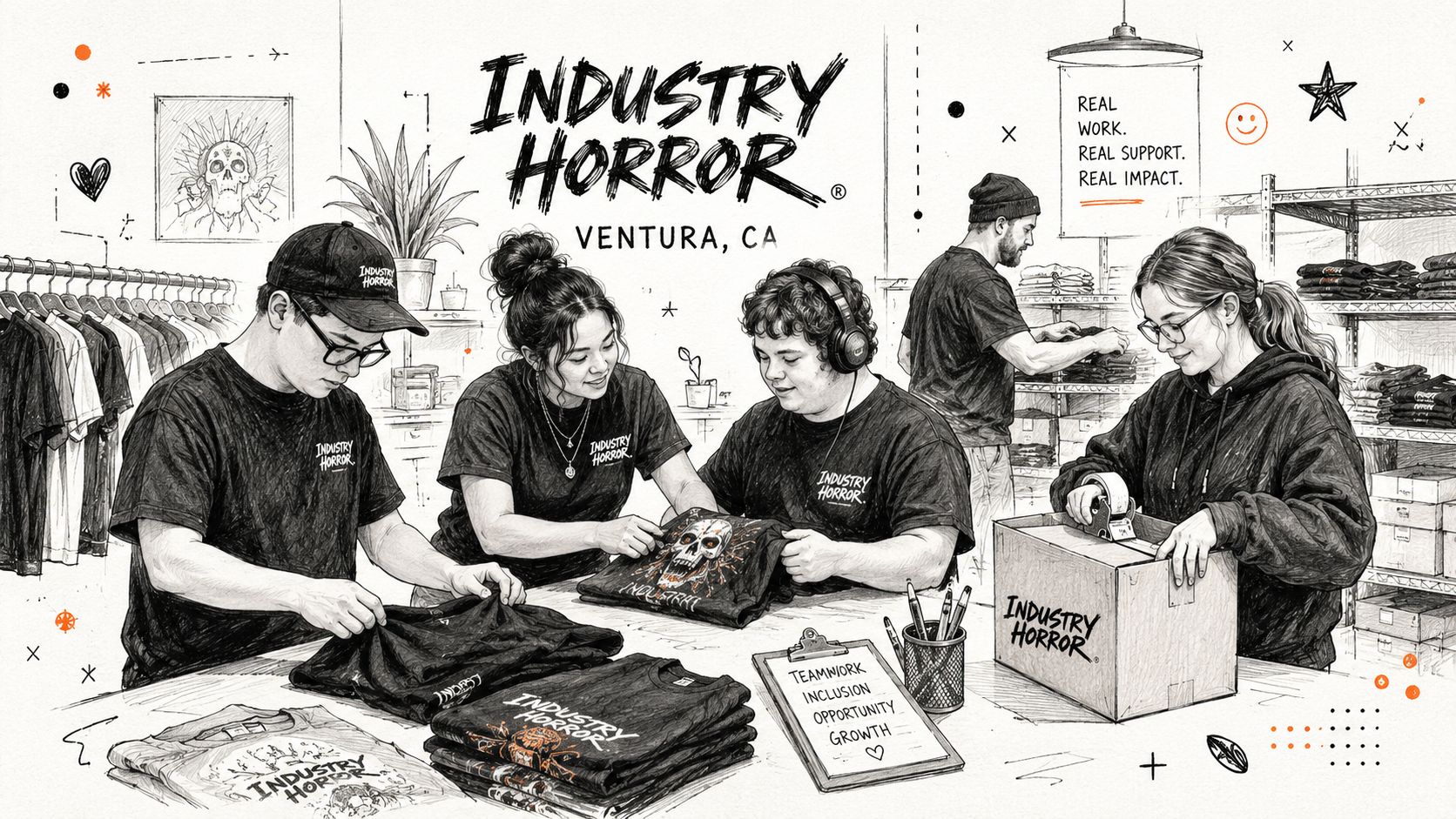A group of diverse employees working together in a T-shirt printing and packaging warehouse facility.