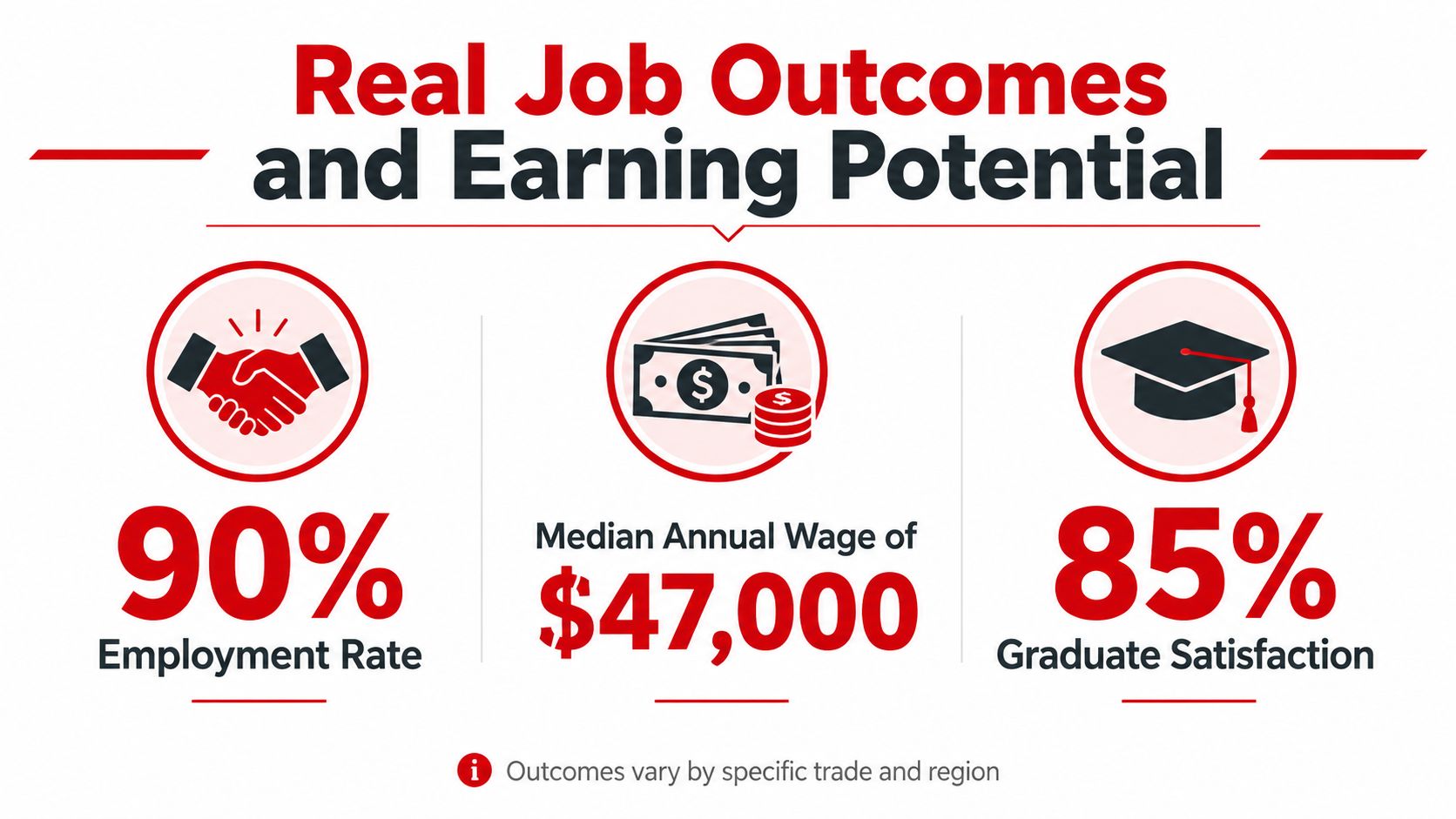 An infographic displaying trade school job outcomes including a 90% employment rate and $47,000 median annual wage.