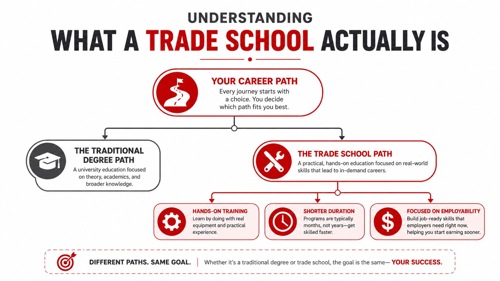 A flowchart comparing the traditional university degree path and the practical trade school education career path.