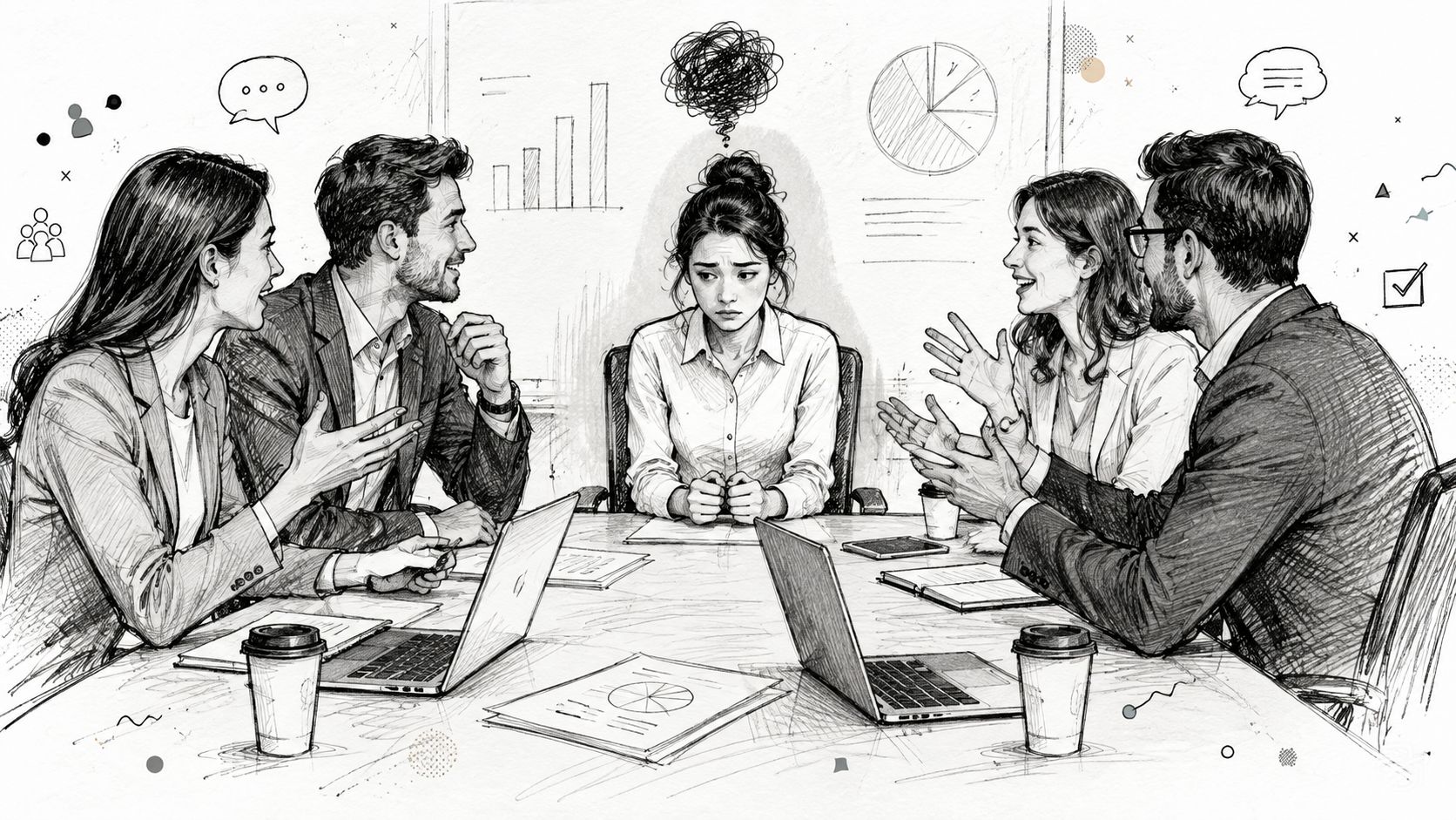 A pencil sketch of a stressed woman in a business meeting surrounded by colleagues