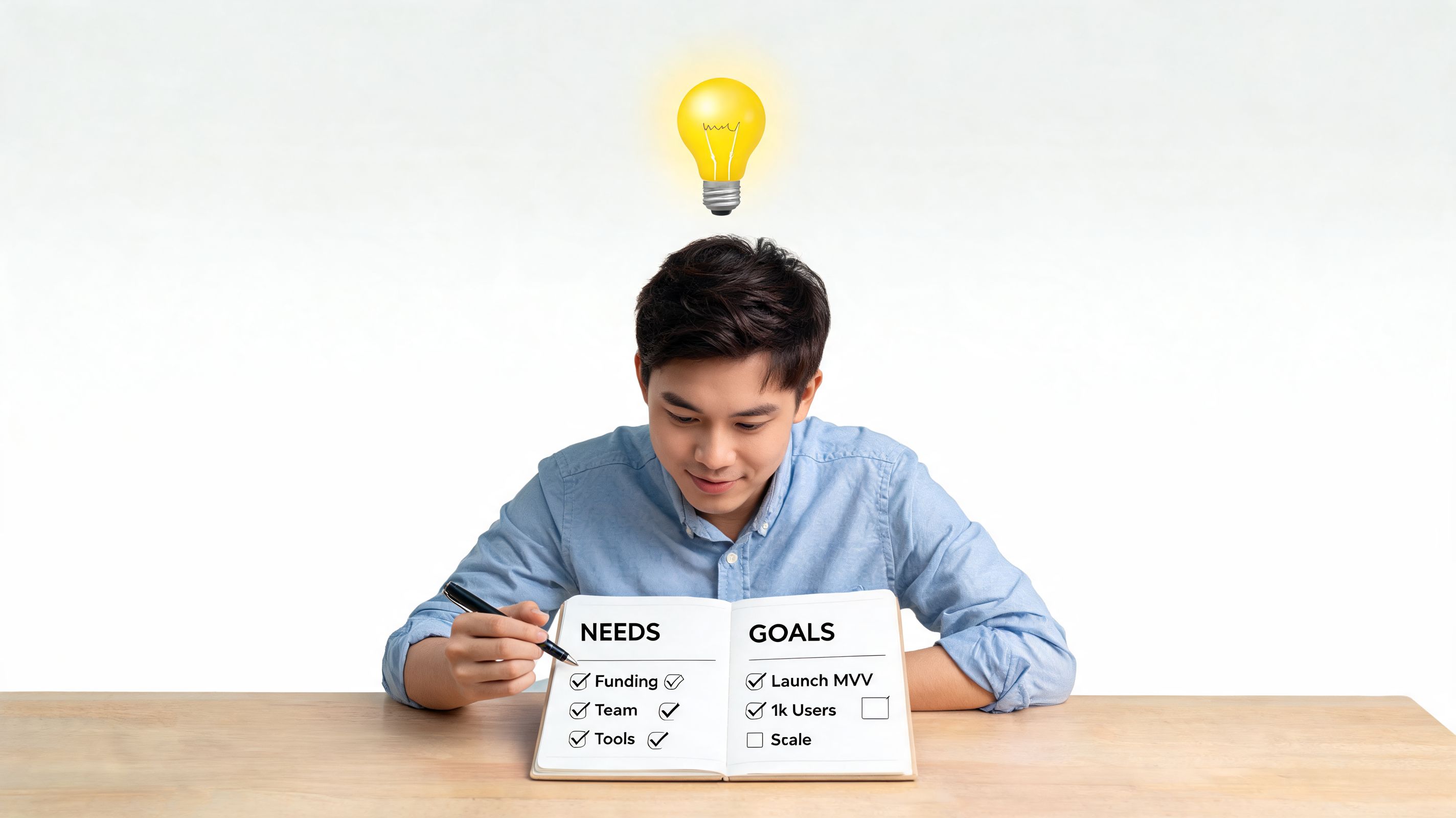 A young man sitting at a desk writing down a business checklist of needs and goals.