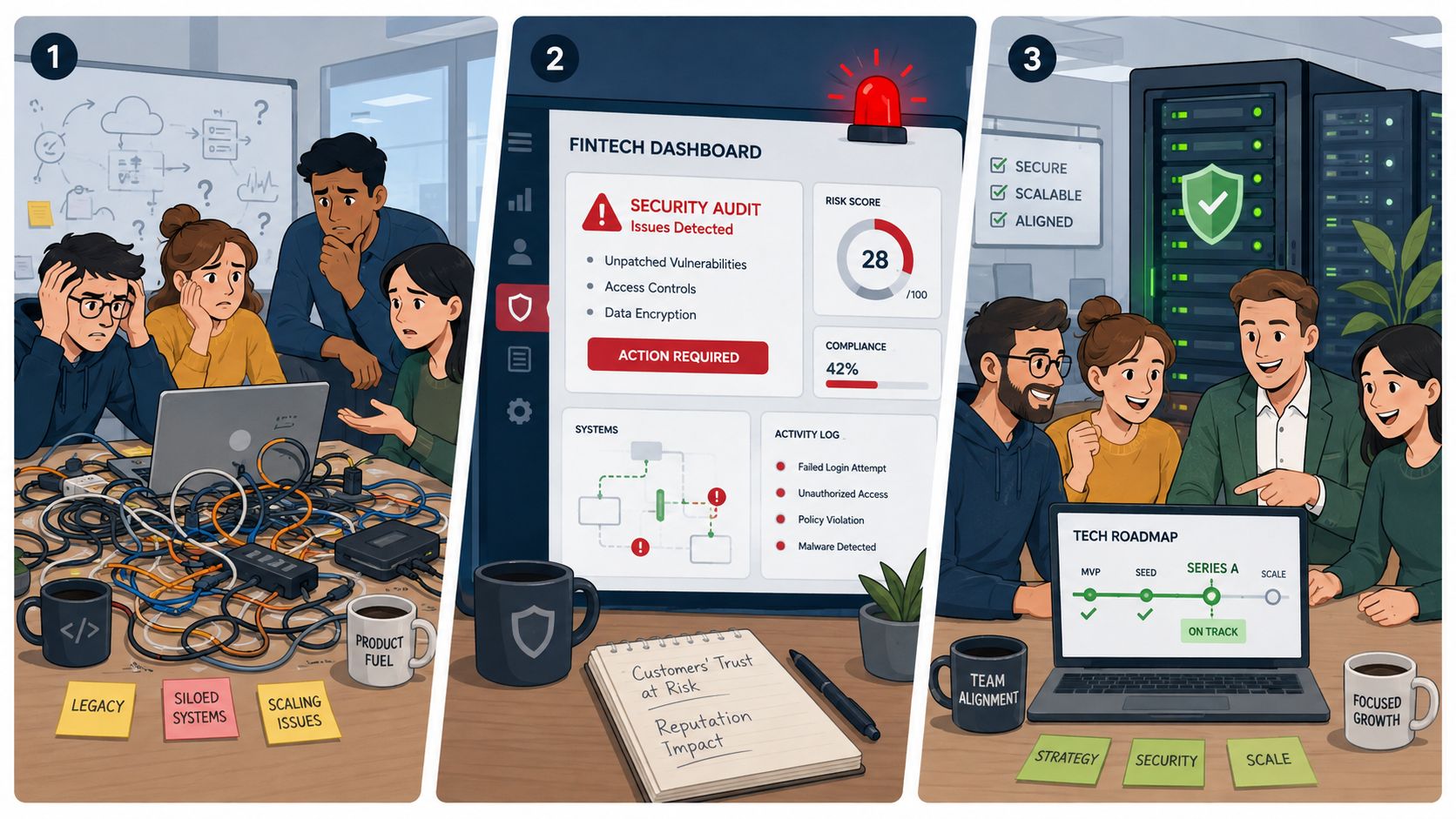 A three-part illustration showing a team solving technical debt, cybersecurity audit issues, and achieving scalable growth.
