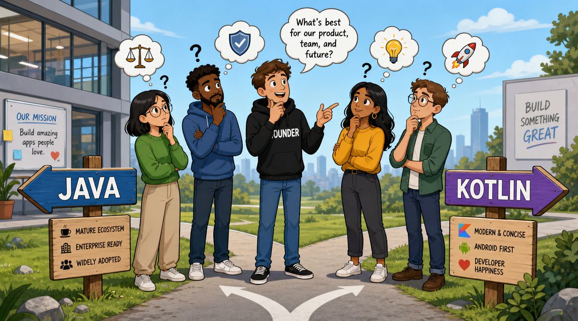 A diverse group of developers considering the choice between Java and Kotlin for software development.