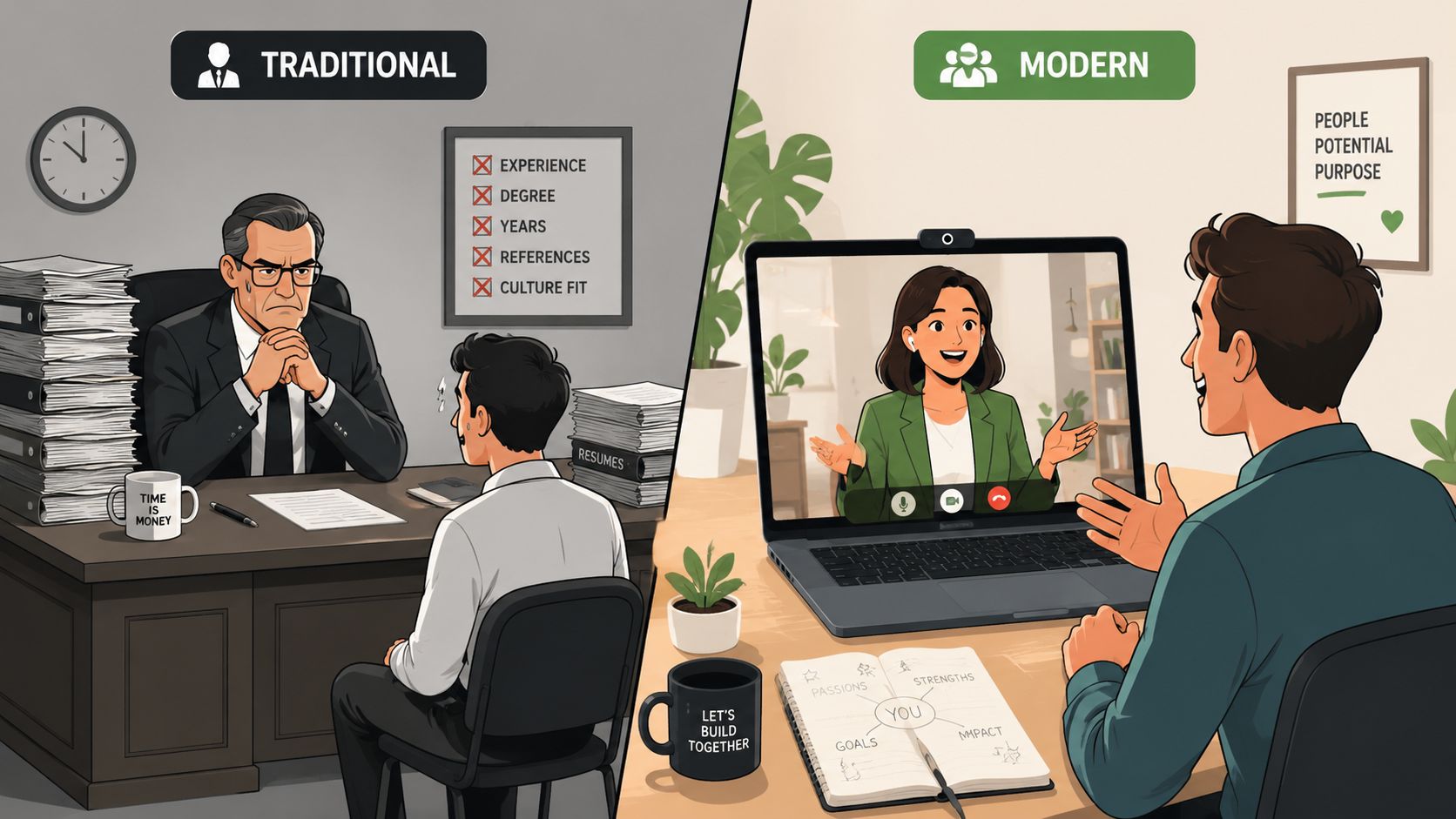 A split comparison illustration showing a formal, stressed traditional job interview versus a relaxed, modern virtual interview.