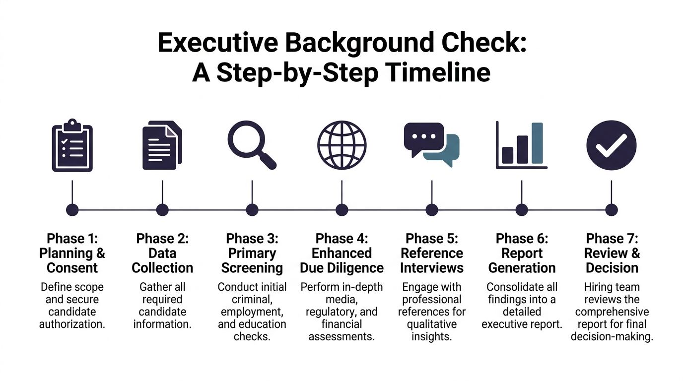 A seven-step timeline infographic outlining the process for conducting professional executive background checks for hiring companies.