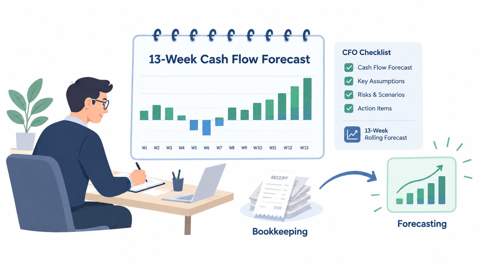 A professional analyzing a 13-week cash flow forecast chart for financial planning and business bookkeeping tasks.