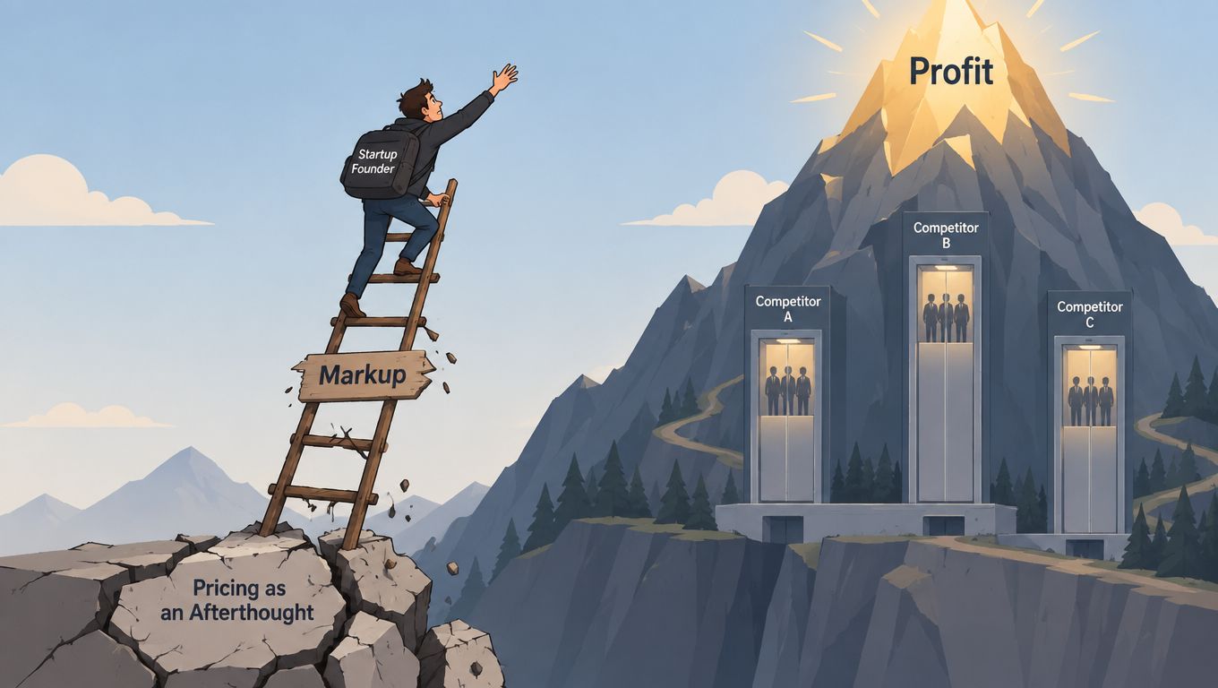 A startup founder climbing a broken ladder labeled Markup to reach profit, while competitors use elevators.