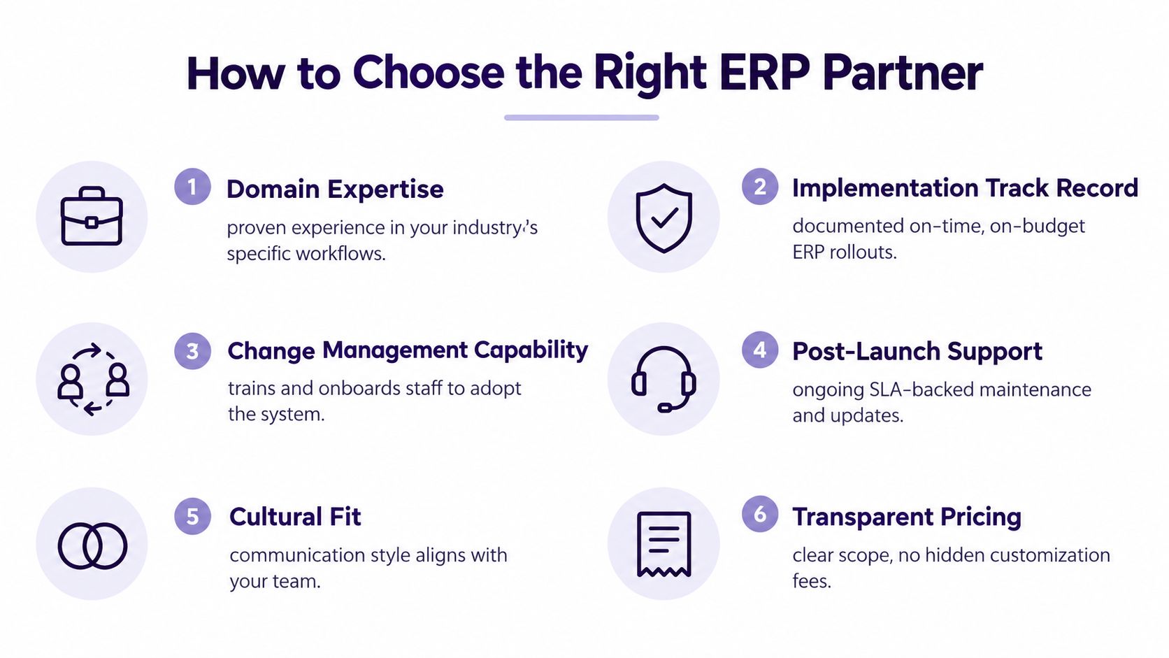 A list of six key factors to consider when selecting the right ERP implementation partner for business.