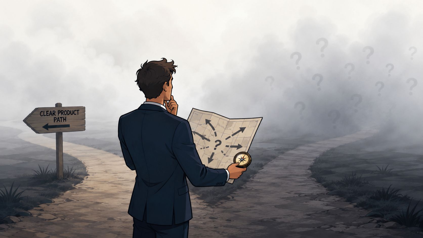 A businessman standing at a fork in the road, holding a map and compass while facing uncertainty.