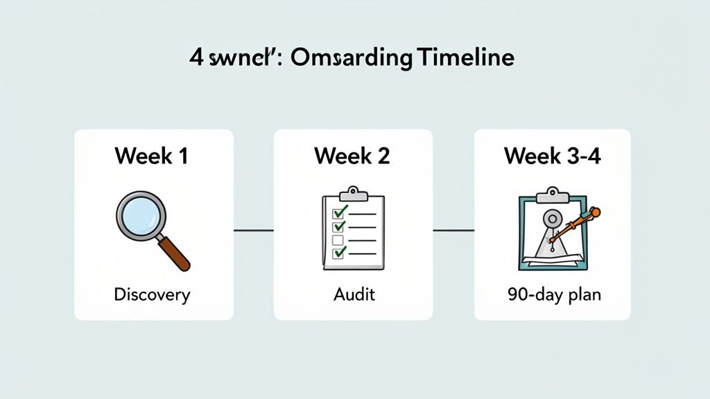 Timeline visual showing 'Omsarding' process with Week 1 Discovery, Week 2 Audit, and Week 3-4 90-day plan.
