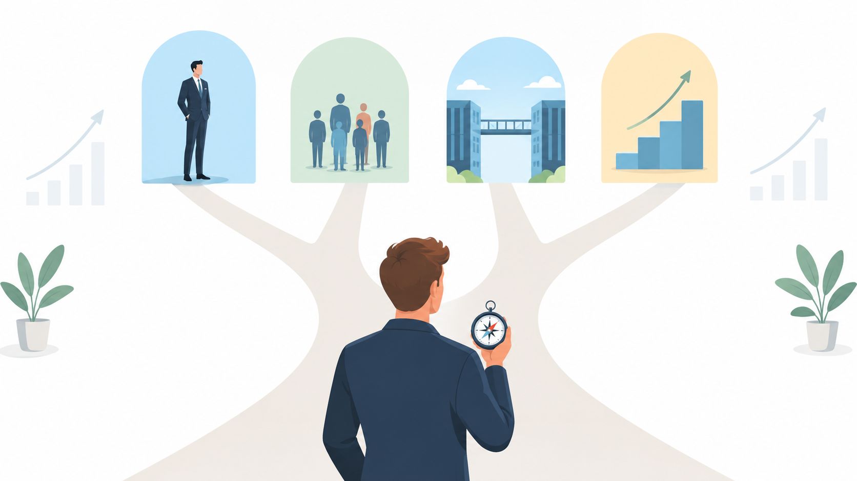 A businessman standing at a crossroads holding a compass looking at career and professional growth paths.