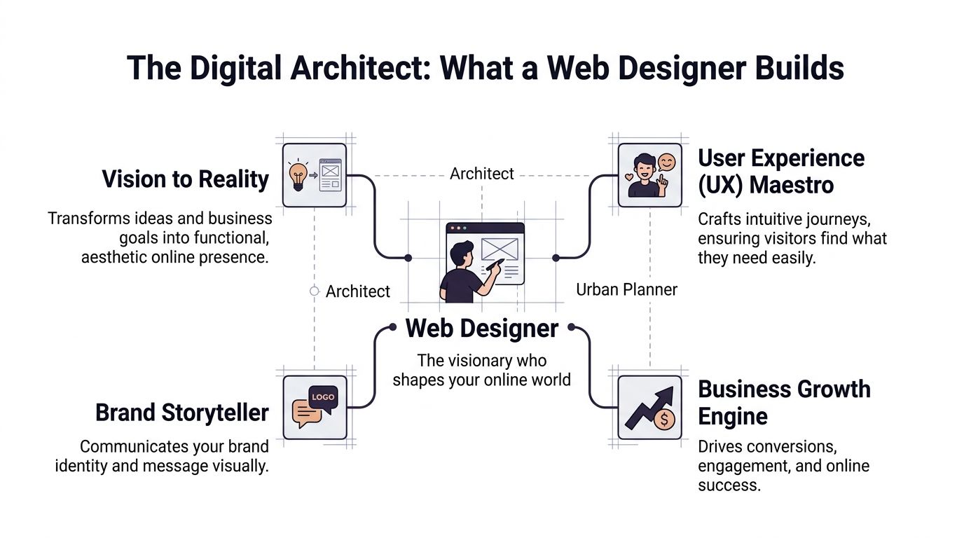 An infographic titled The Digital Architect, showing four key roles of a web designer building an online presence.