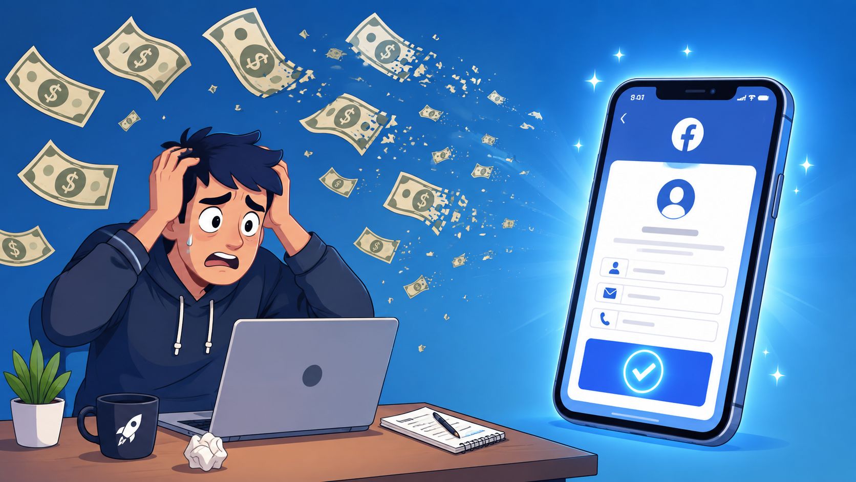 A stressed man at his laptop watching money fly away toward a Facebook lead ads mobile interface.
