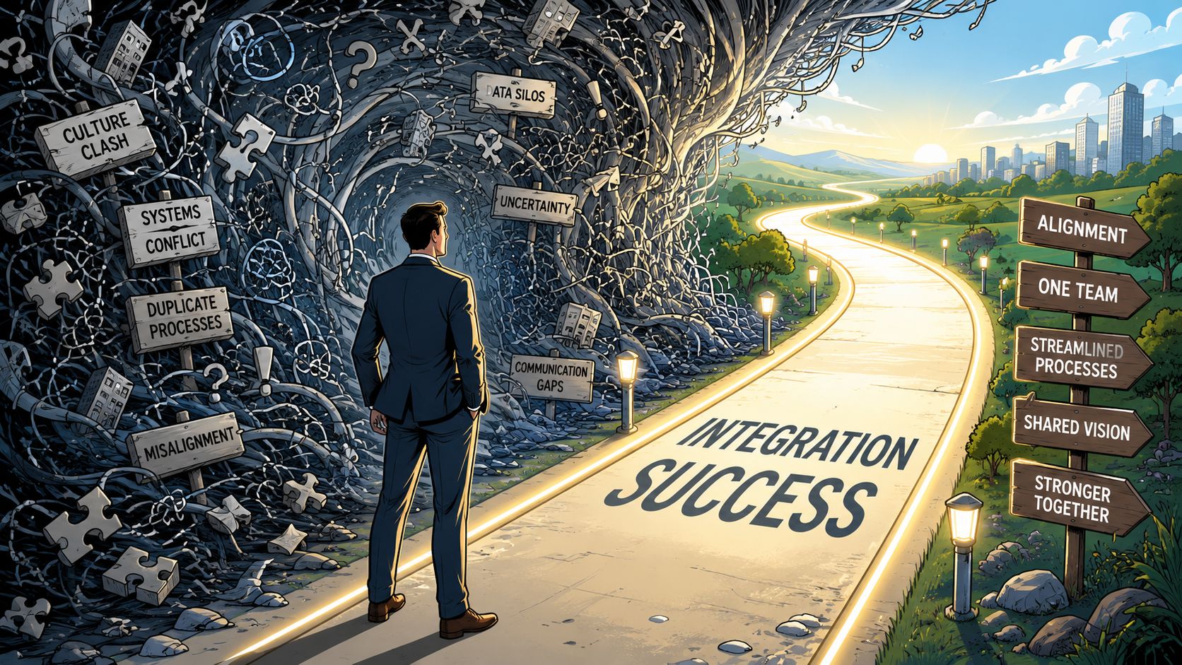 A businessman standing at a crossroads choosing between a chaotic tangled path and a clear road.