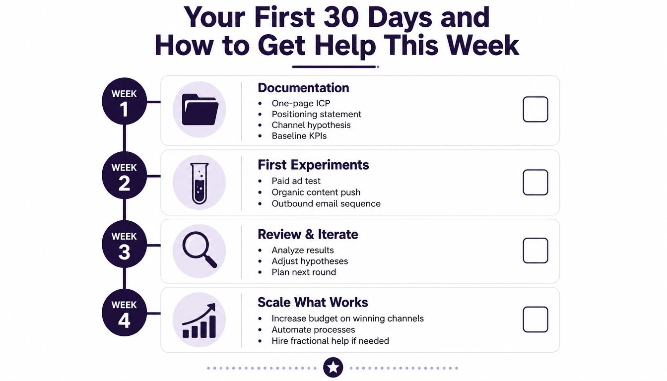 A four-week marketing roadmap showing key tasks for documentation, experiments, iteration, and scaling growth strategies.