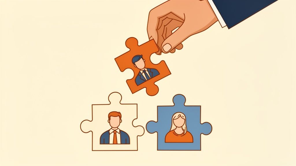 A hand places a male icon puzzle piece into a set of two other pieces, representing team assembly.