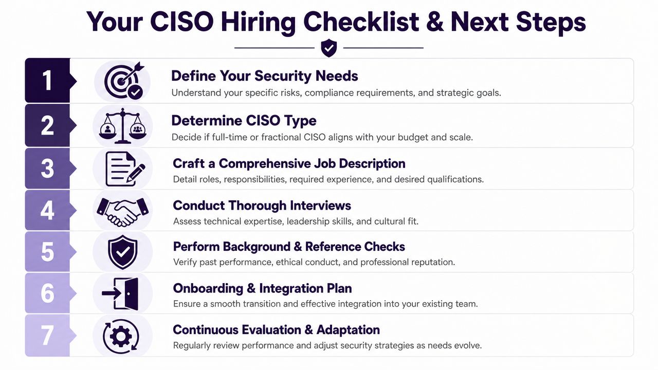 A checklist of seven steps for businesses to follow when hiring a Chief Information Security Officer.
