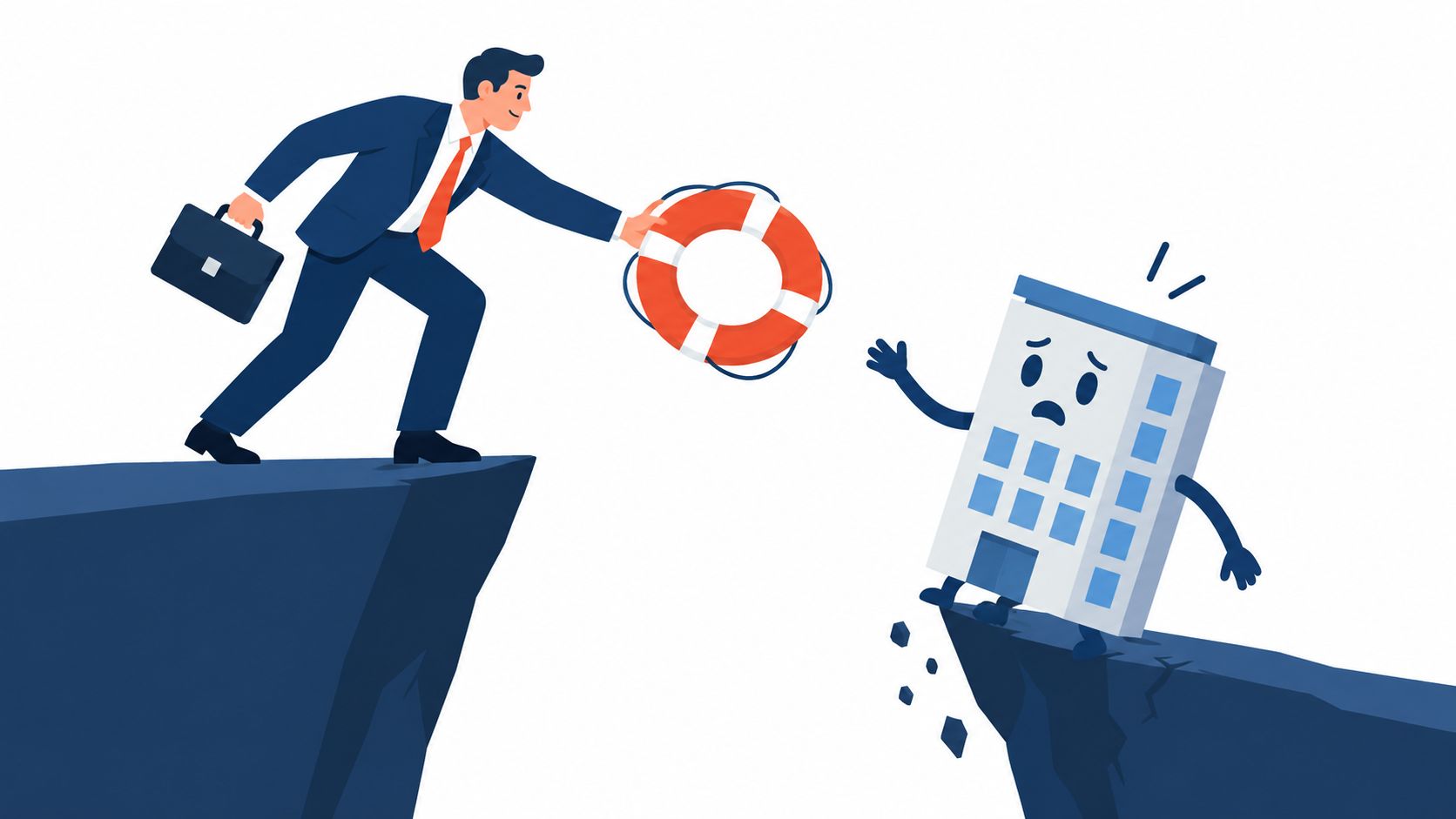 A businessman on a cliff edge offering a lifebuoy to a distressed cartoon building falling into a chasm.