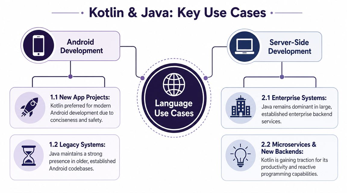 A diagram comparing Kotlin and Java use cases in Android and server-side software development environments.