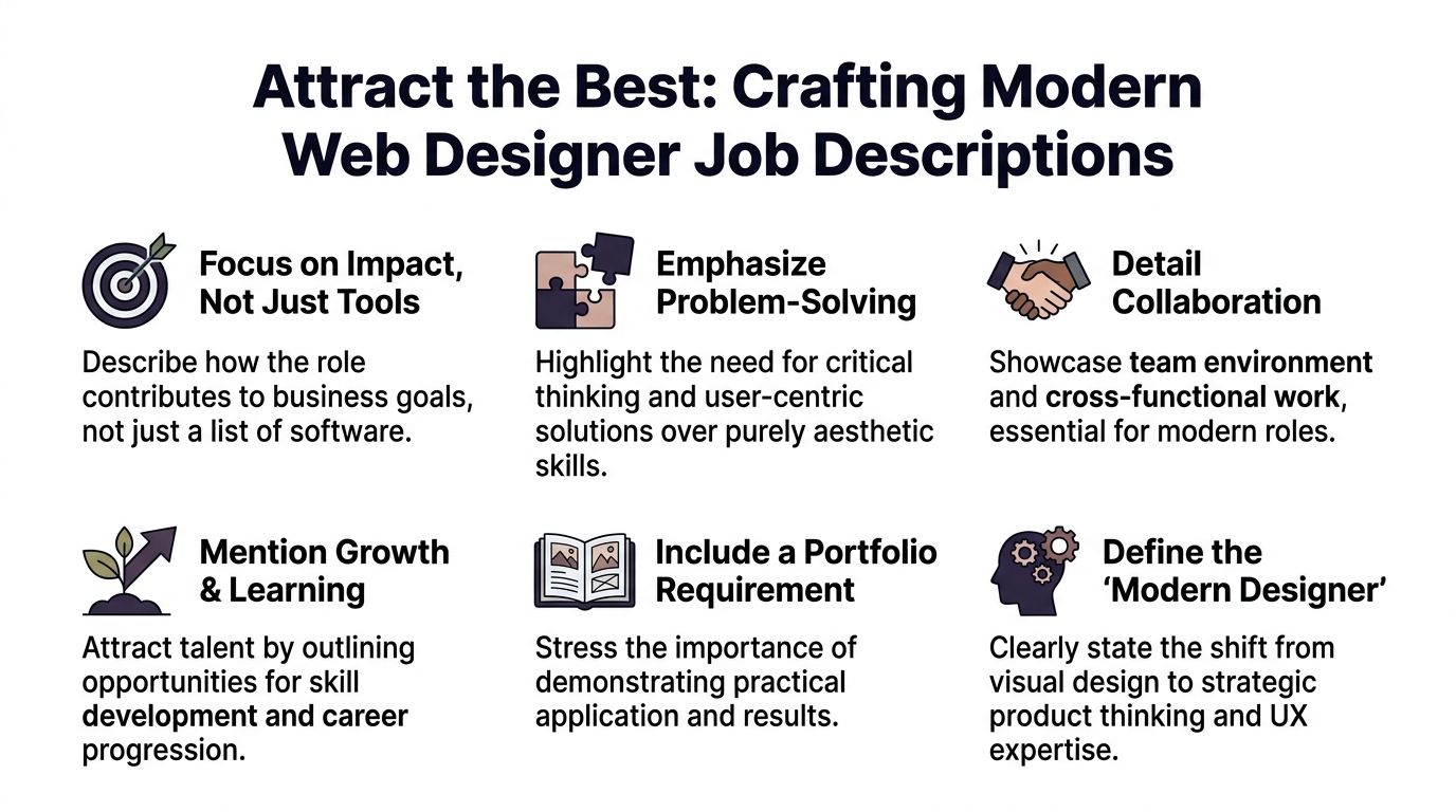 A visual guide outlining six essential tips for crafting effective and professional modern web designer job descriptions.