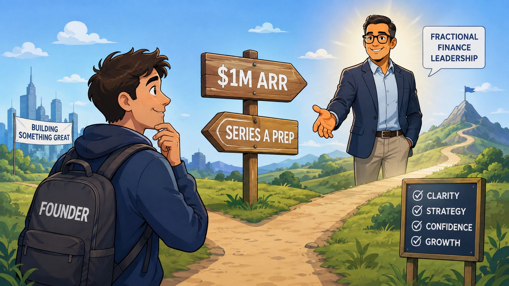 A founder considering growth paths to $1M ARR and Series A prep with fractional finance leadership guidance.