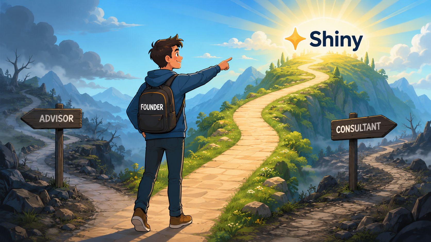 A cartoon founder looking up a path towards a bright light labeled Shiny, choosing between advisor or consultant.