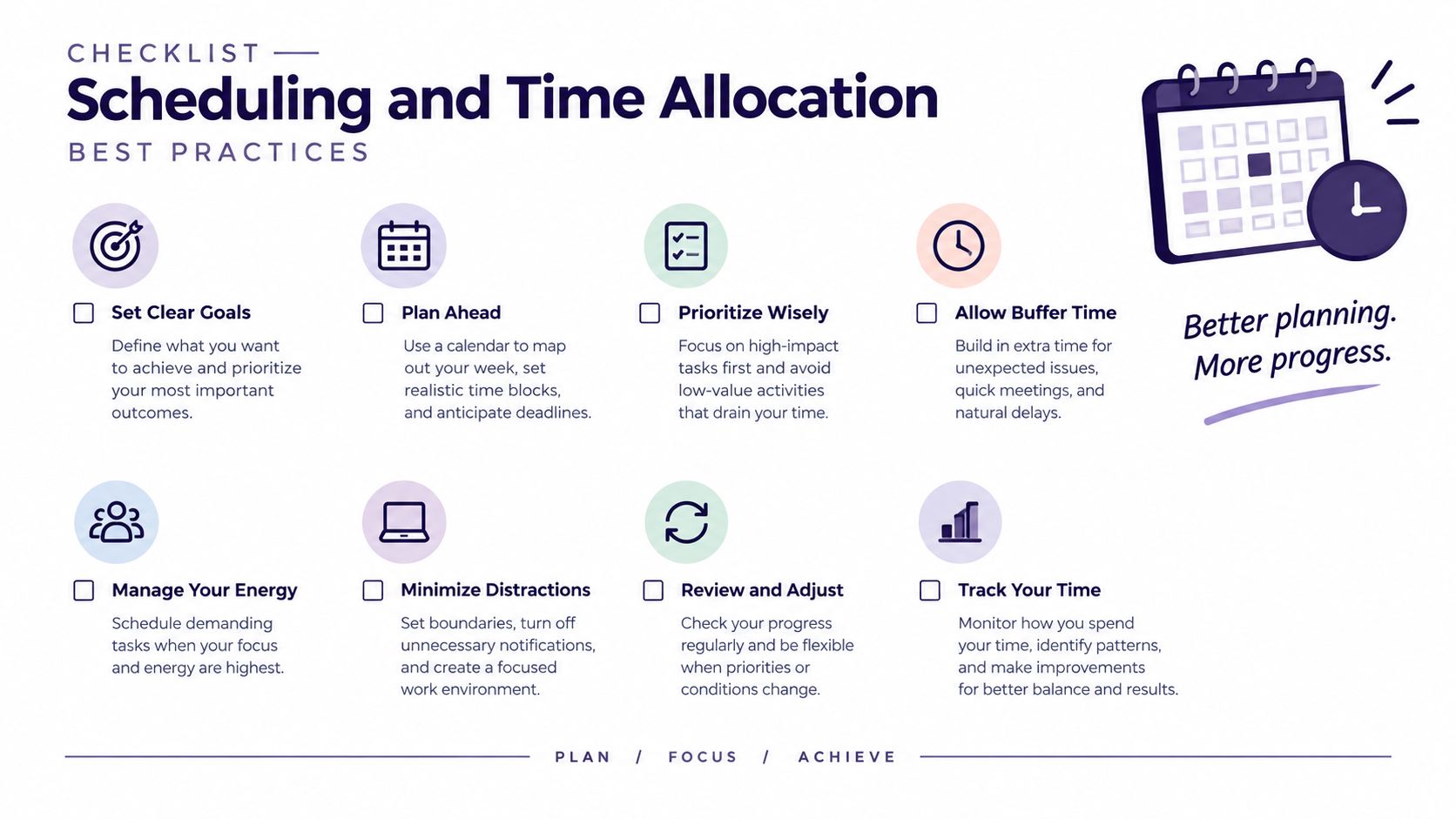 A professional checklist for scheduling and time allocation featuring eight best practices for better productivity and progress.