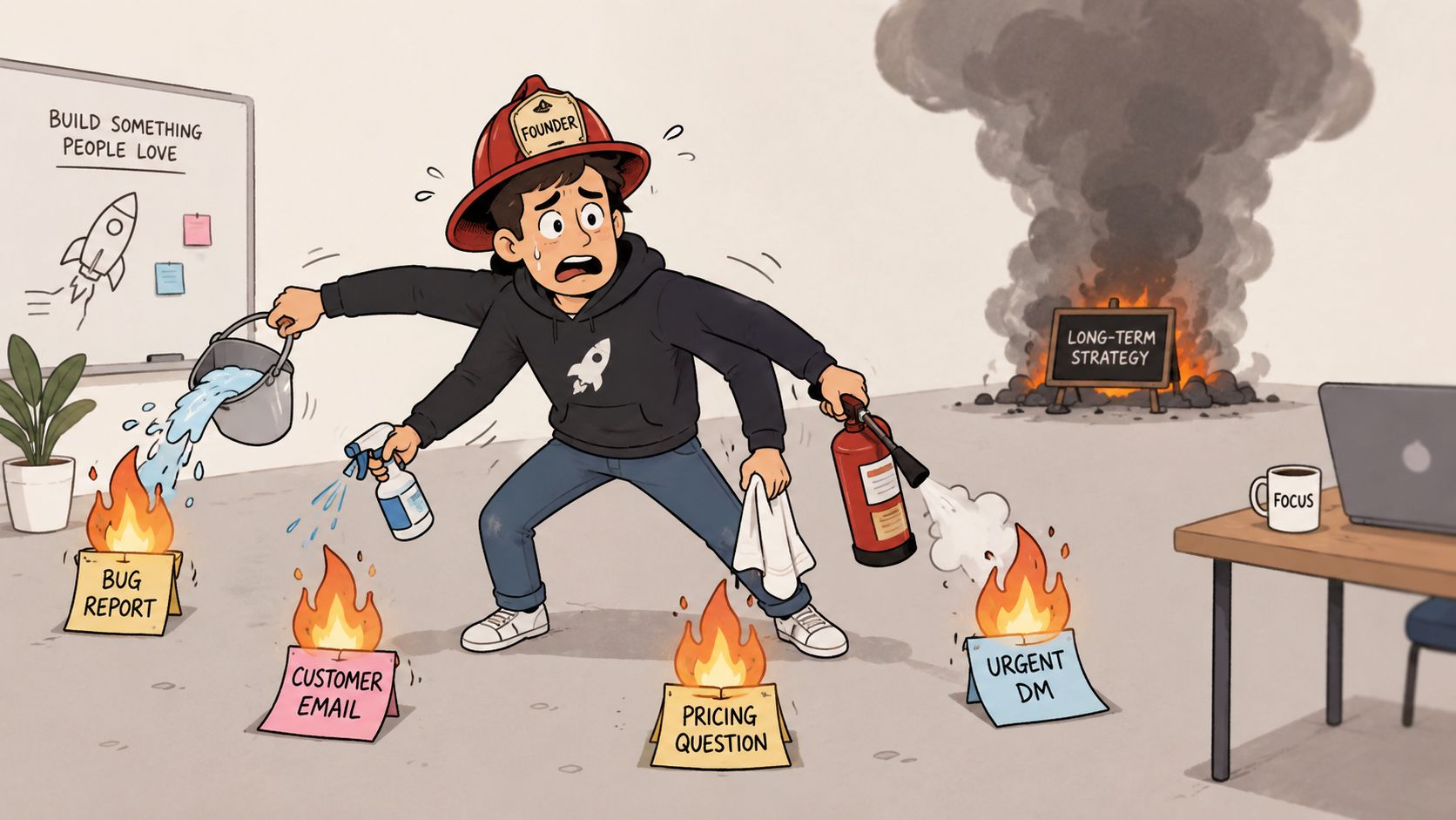 A overwhelmed startup founder juggling multiple urgent operational tasks while long-term strategy burns in the background.