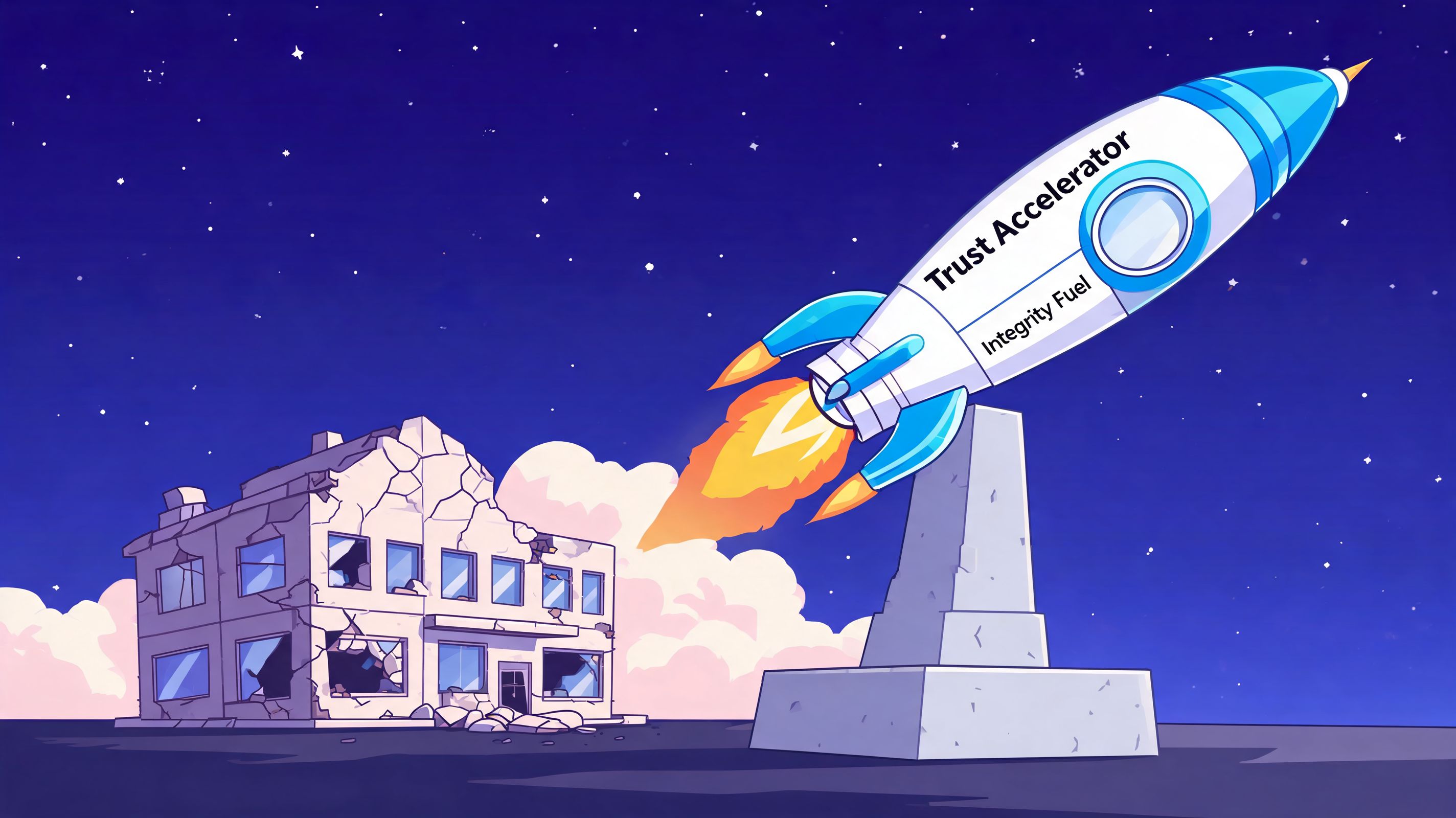 A rocket ship labeled Trust Accelerator with Integrity Fuel taking off from a ruined building background.