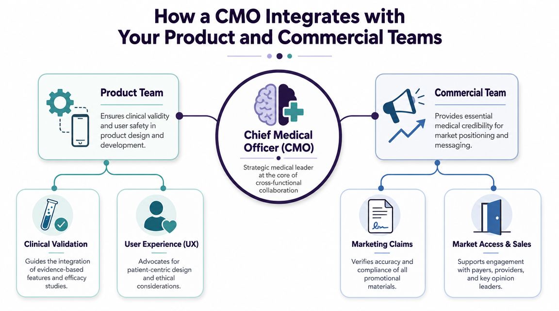 A diagram illustrating how a Chief Medical Officer integrates with product and commercial teams to ensure clinical validity.