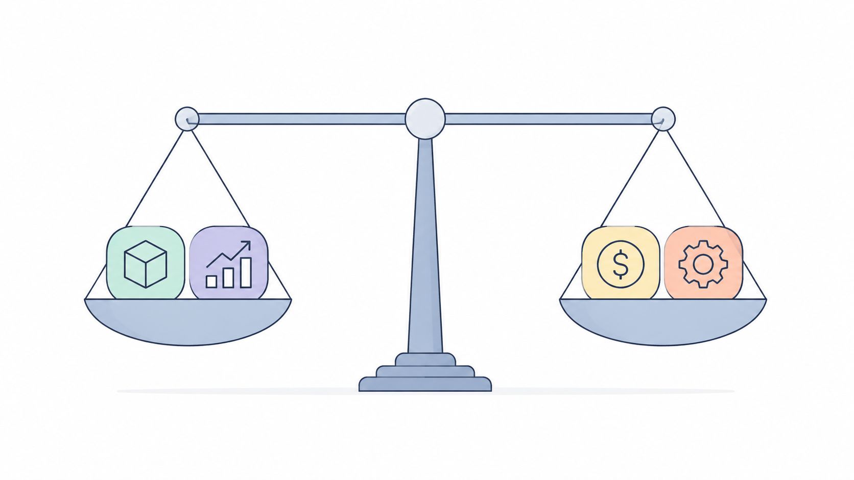 A balanced scale illustration featuring icons representing product, growth, money, and operations concepts on both sides.