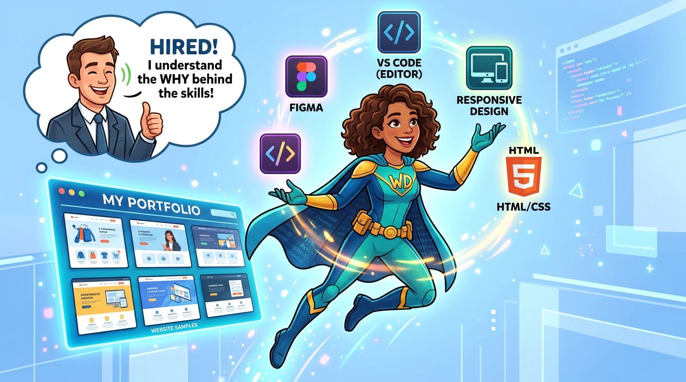 A digital illustration of a web designer superhero showcasing portfolio projects and essential coding and design skills.